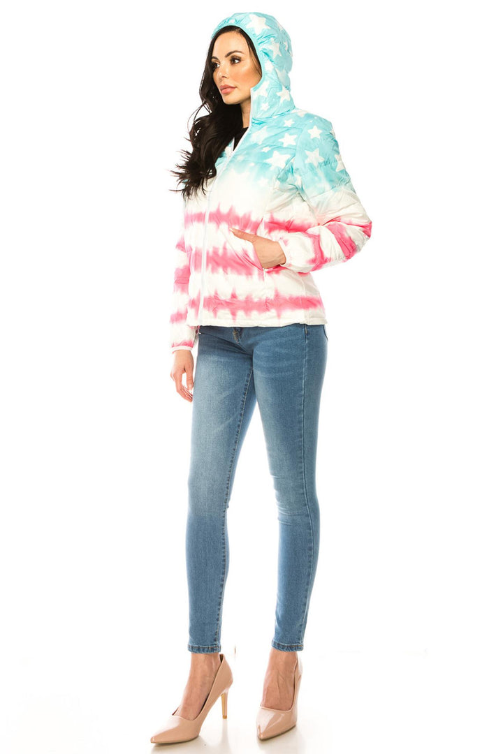 Women's Pink & Blue Star Daub Winter Puffer Down Jacket (One Size Regular,Blue)