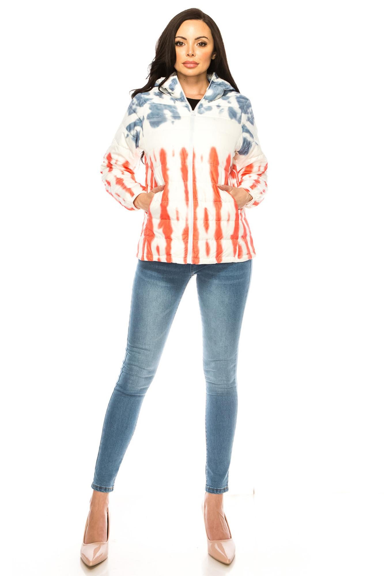 Women's Red White & Blue Daub Winter Puffer Down Jacket (One Size Regular,Red)