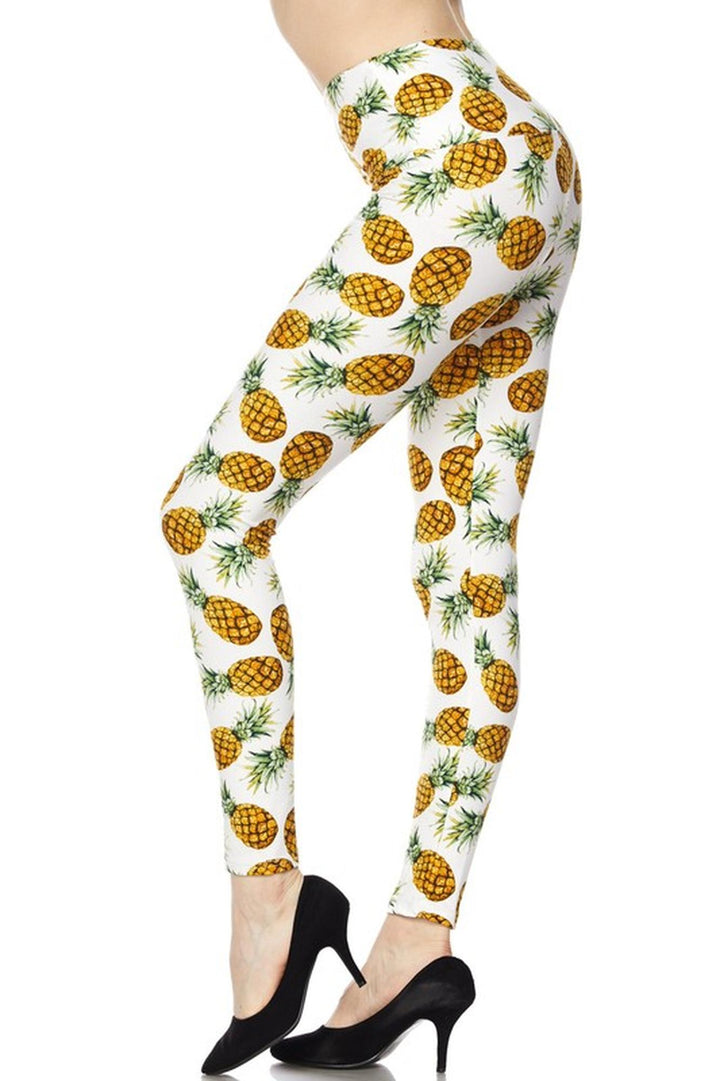 High Waisted Ivory Pineapple Plus Size Leggings (One Size Plus,White)