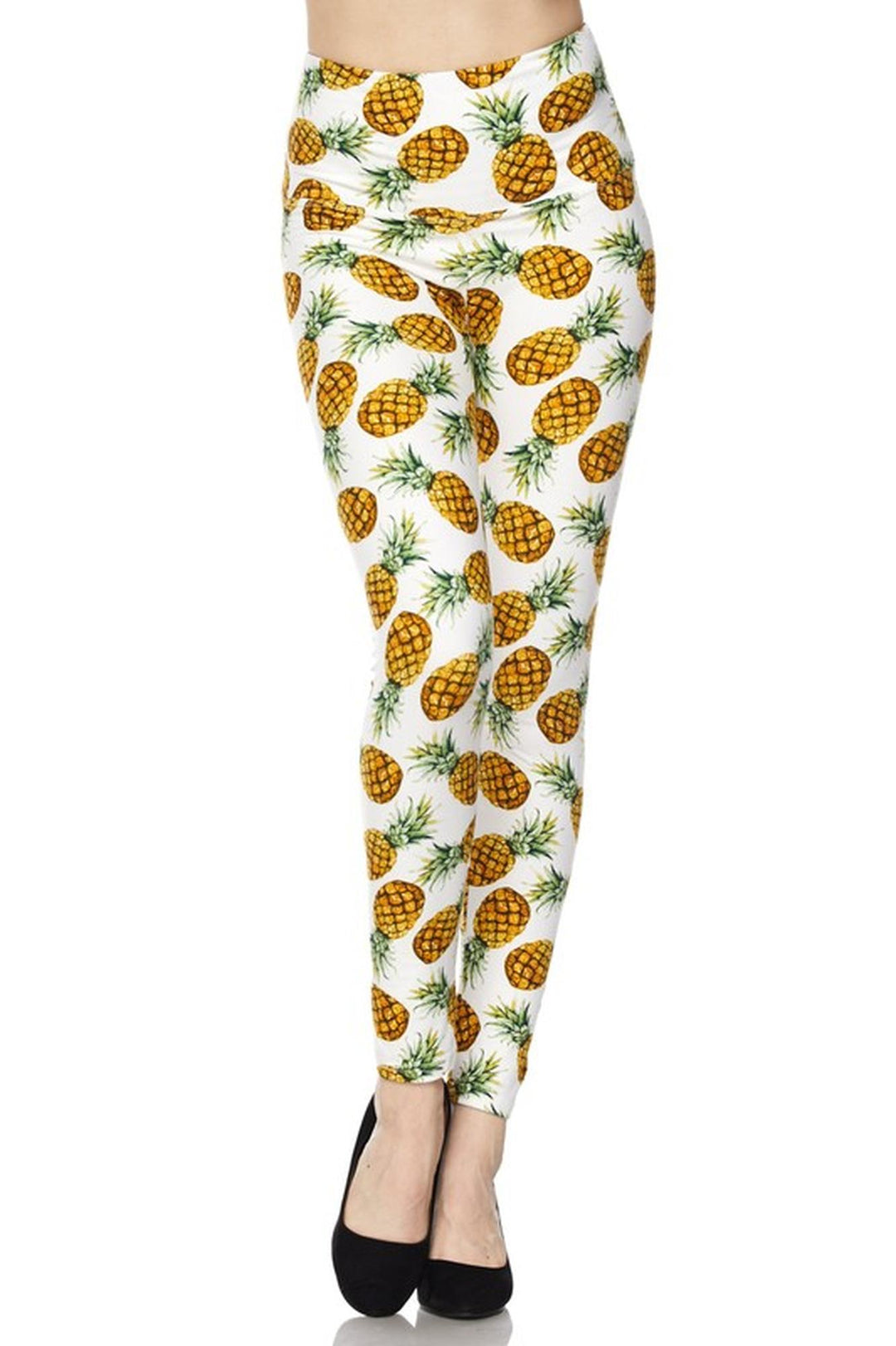 High Waisted Ivory Pineapple Plus Size Leggings (One Size Plus,White)
