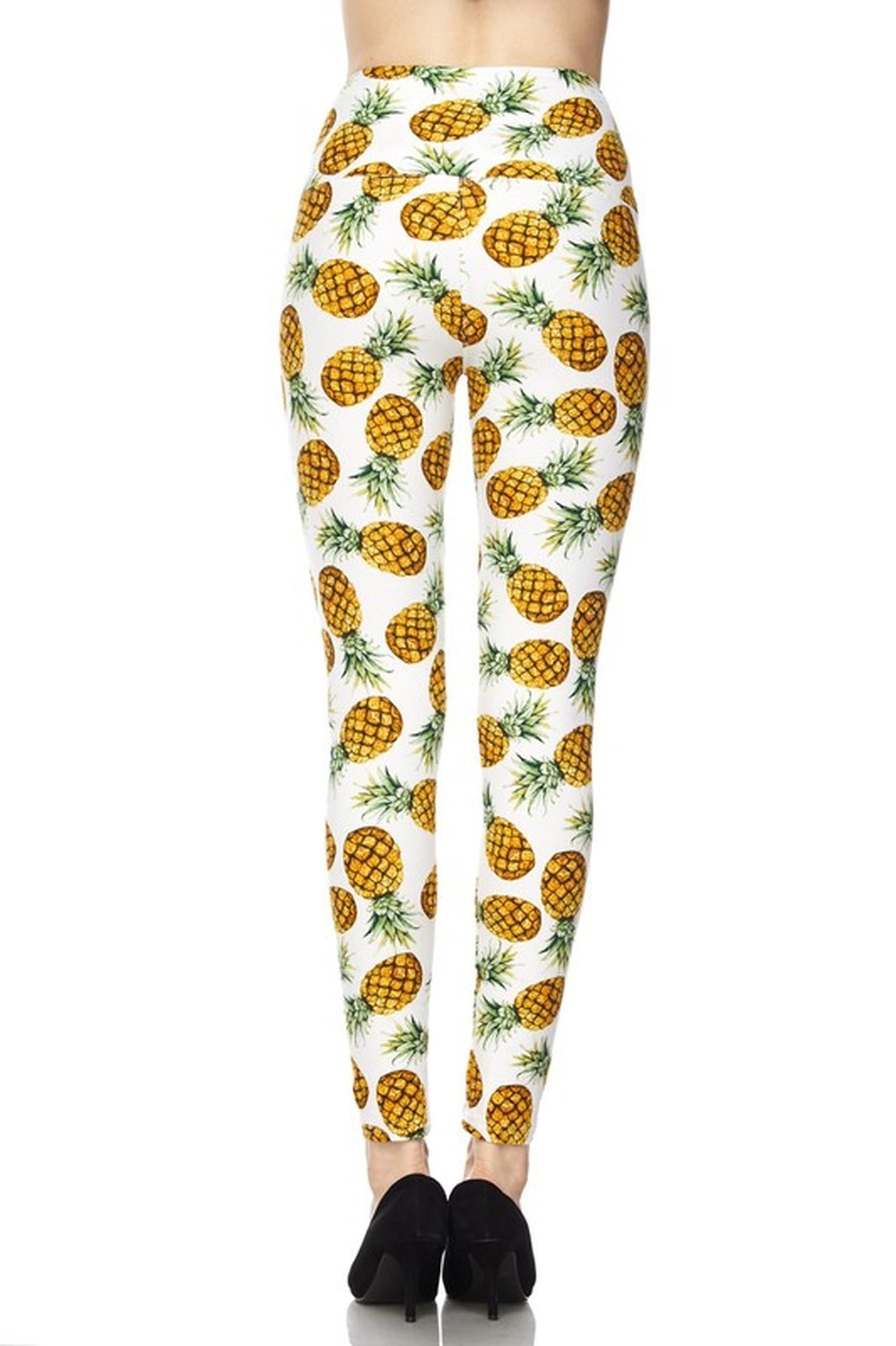 High Waisted Ivory Pineapple Plus Size Leggings (One Size Plus,White)