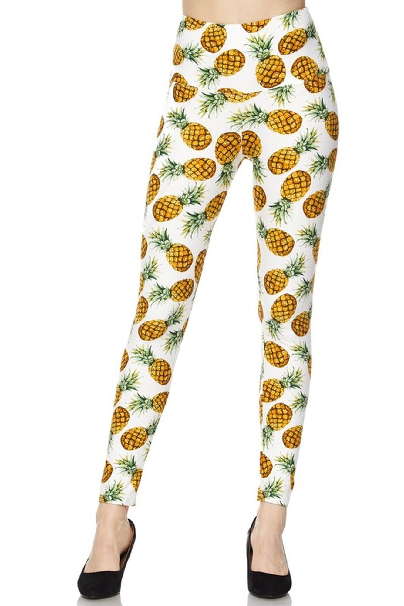 High Waisted Ivory Pineapple Plus Size Leggings (One Size Plus,White)