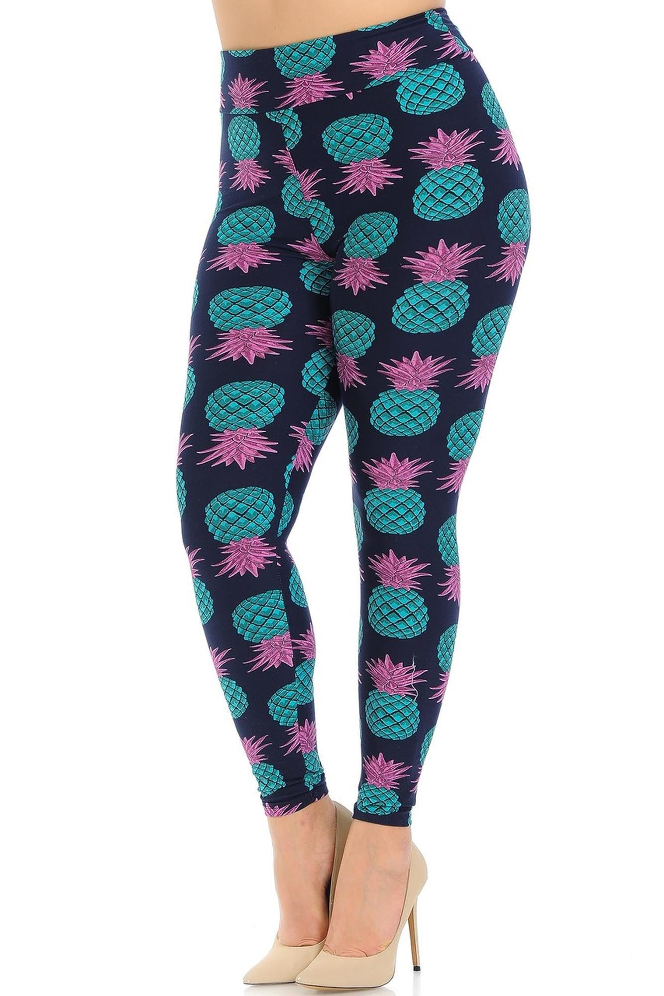 Buttery Soft Teal Pineapple High Waisted Plus Size Leggings - EEVEE (One Size Plus,Teal)