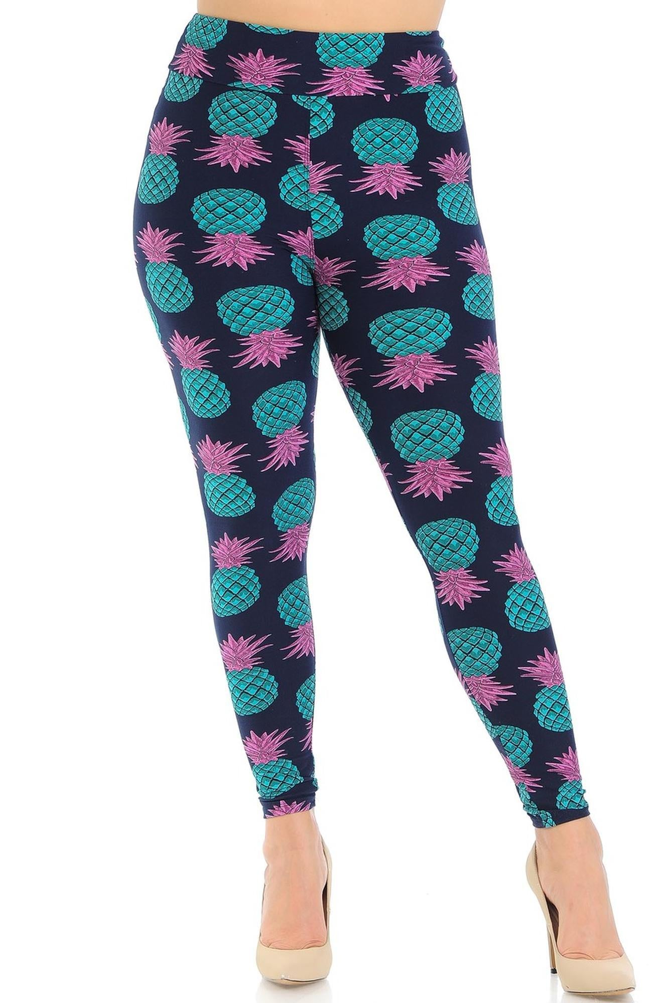 Buttery Soft Teal Pineapple High Waisted Plus Size Leggings - EEVEE (One Size Plus,Teal)