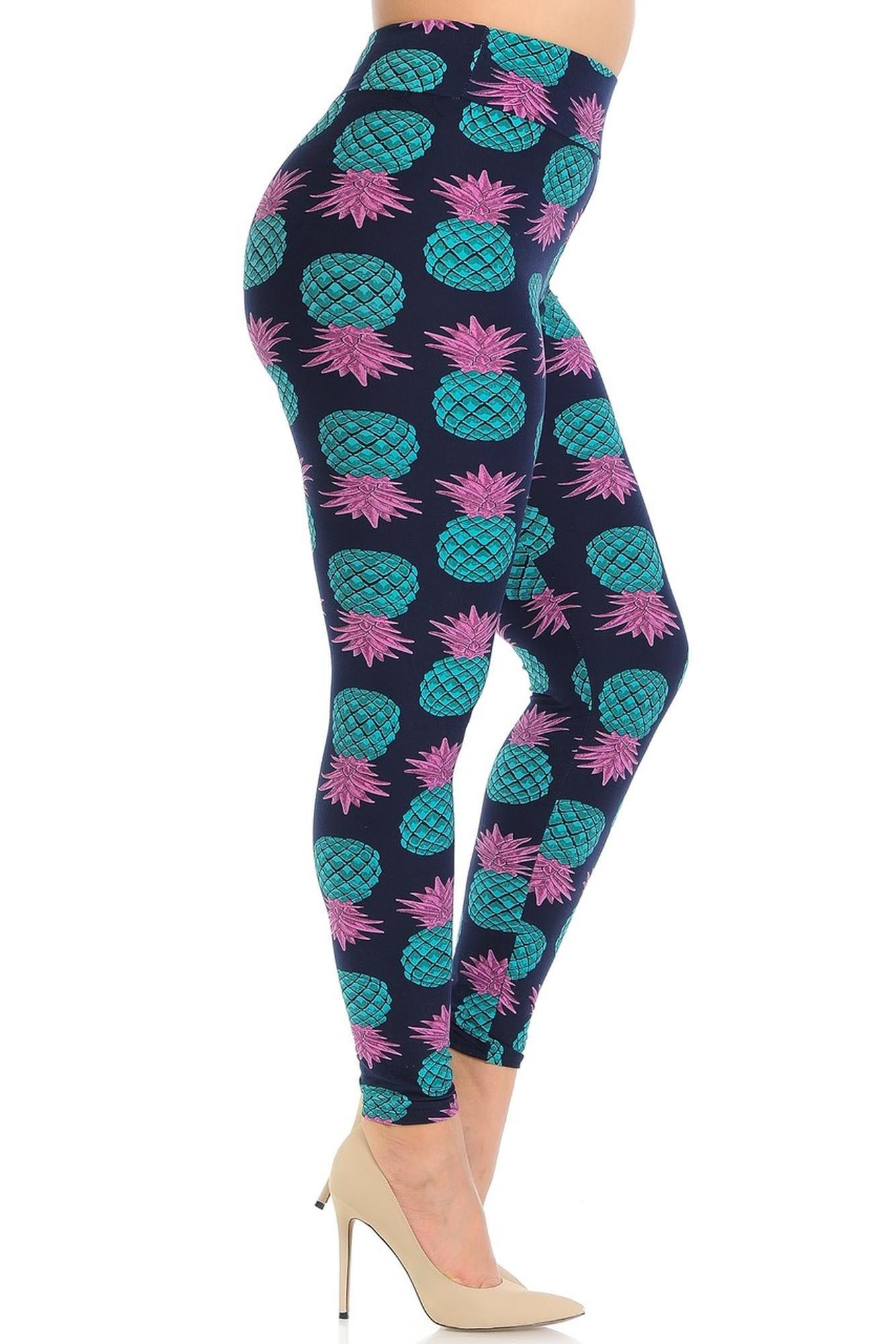 Buttery Soft Teal Pineapple High Waisted Plus Size Leggings - EEVEE (One Size Plus,Teal)