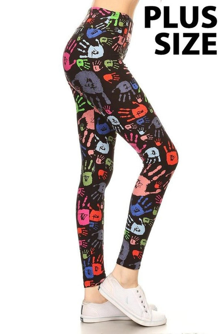 Buttery Soft Colorful Hand Print High Waist Plus Size Leggings (One Size Plus,Black)