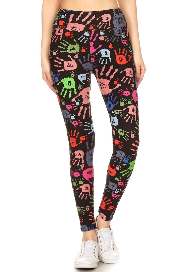 Buttery Soft Colorful Hand Print High Waist Plus Size Leggings (One Size Plus,Black)