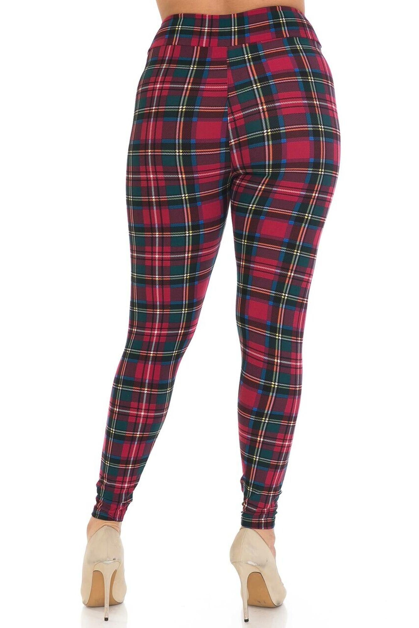 Buttery Soft Modish Plaid High Waisted Leggings (One Size Regular,Burgundy)