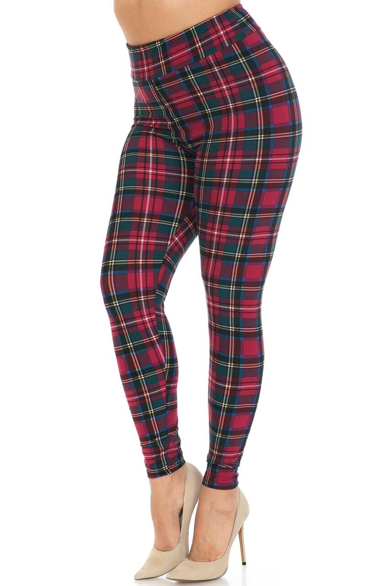 Buttery Soft Modish Plaid High Waisted Leggings (One Size Regular,Burgundy)