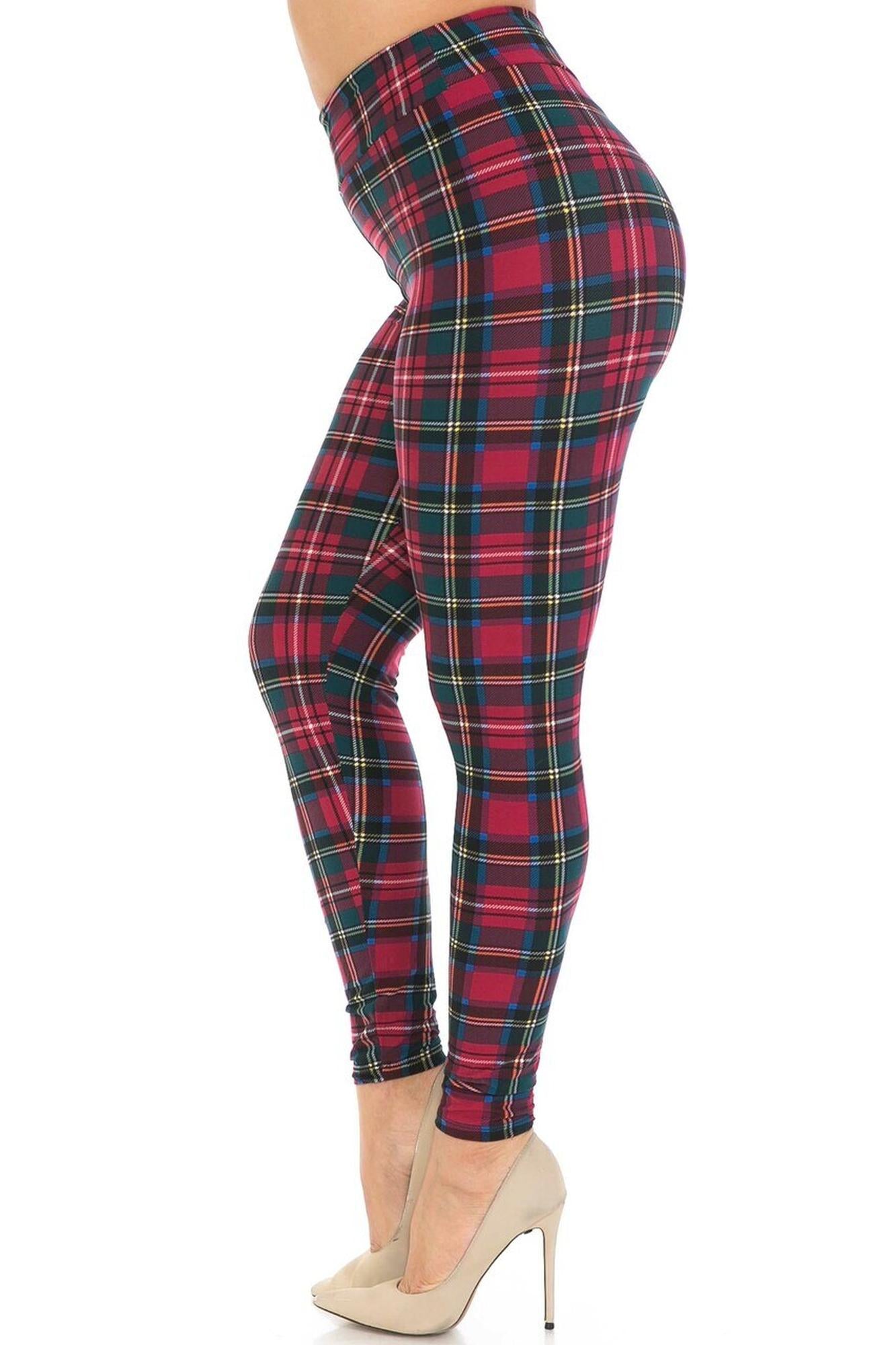 Buttery Soft Modish Plaid High Waisted Leggings (One Size Regular,Burgundy)