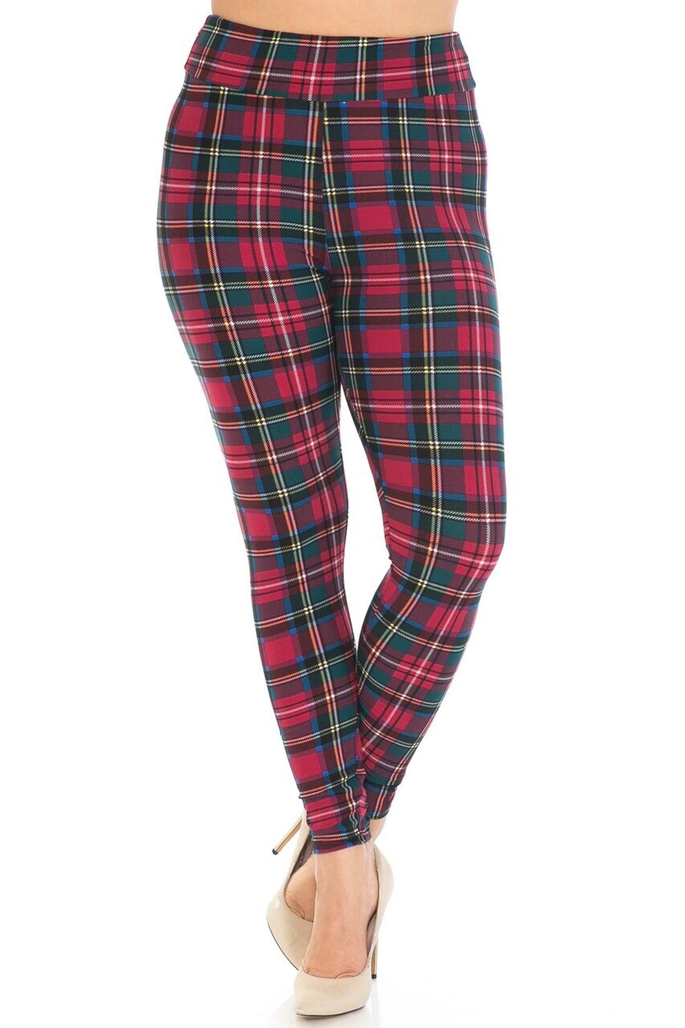 Buttery Soft Modish Plaid High Waisted Leggings (One Size Regular,Burgundy)