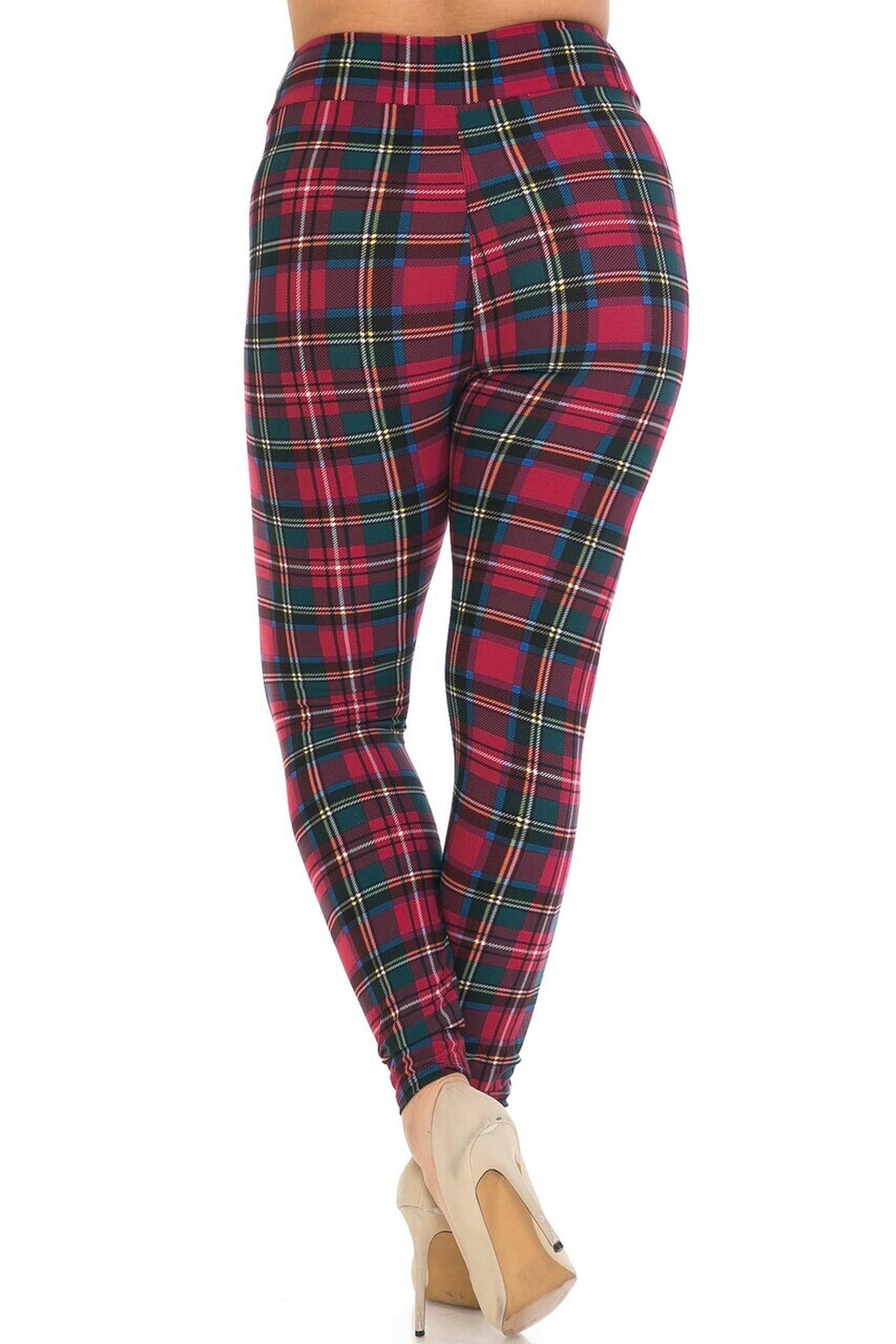 Buttery Soft Modish Plaid High Waisted Leggings (One Size Regular,Burgundy)