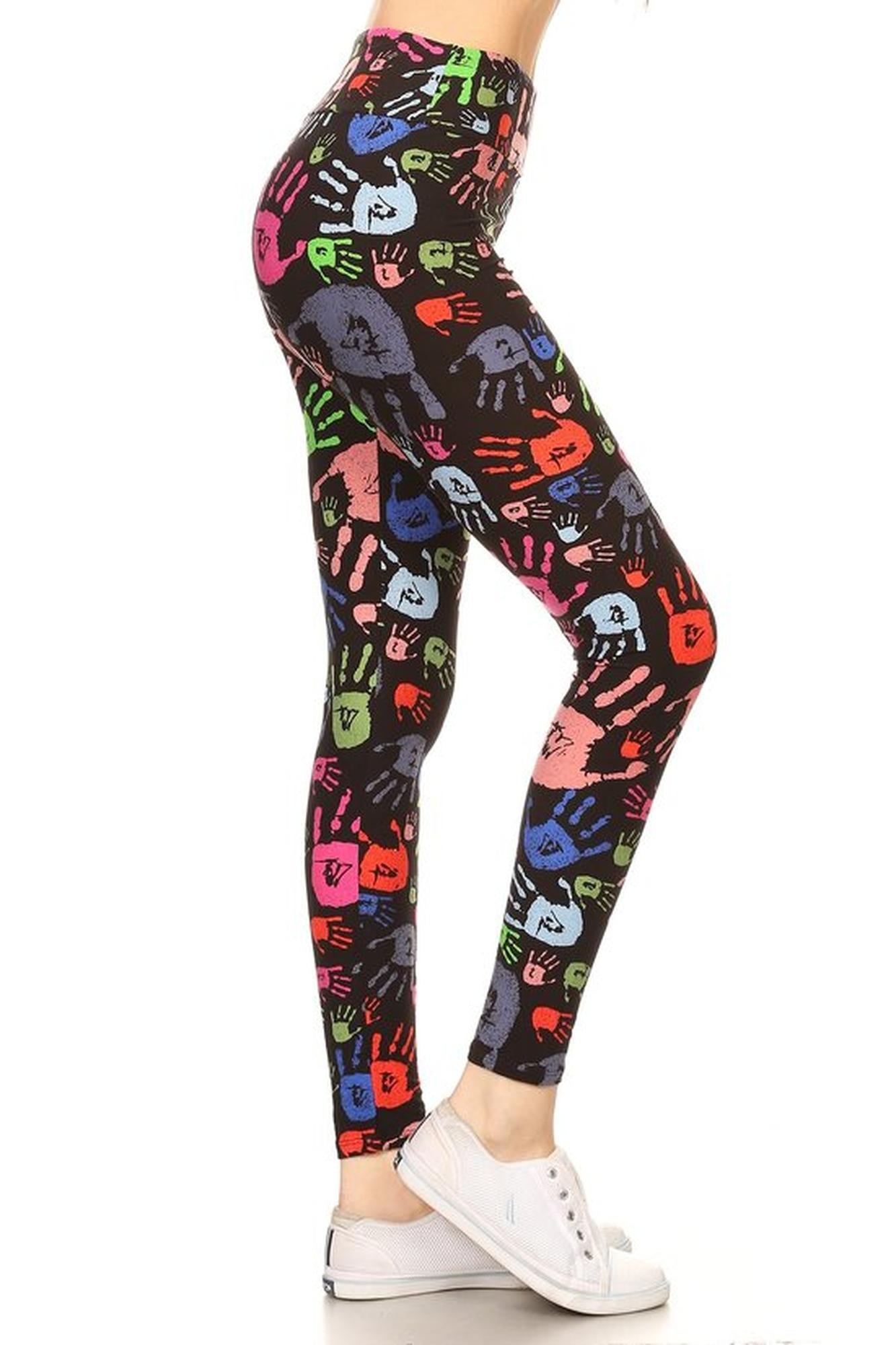 Buttery Soft Colorful Hand Print High Waist Leggings (One Size Regular,Black)