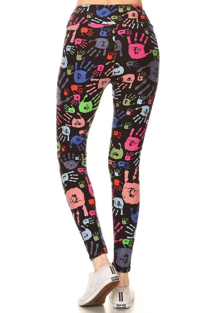 Buttery Soft Colorful Hand Print High Waist Leggings (One Size Regular,Black)