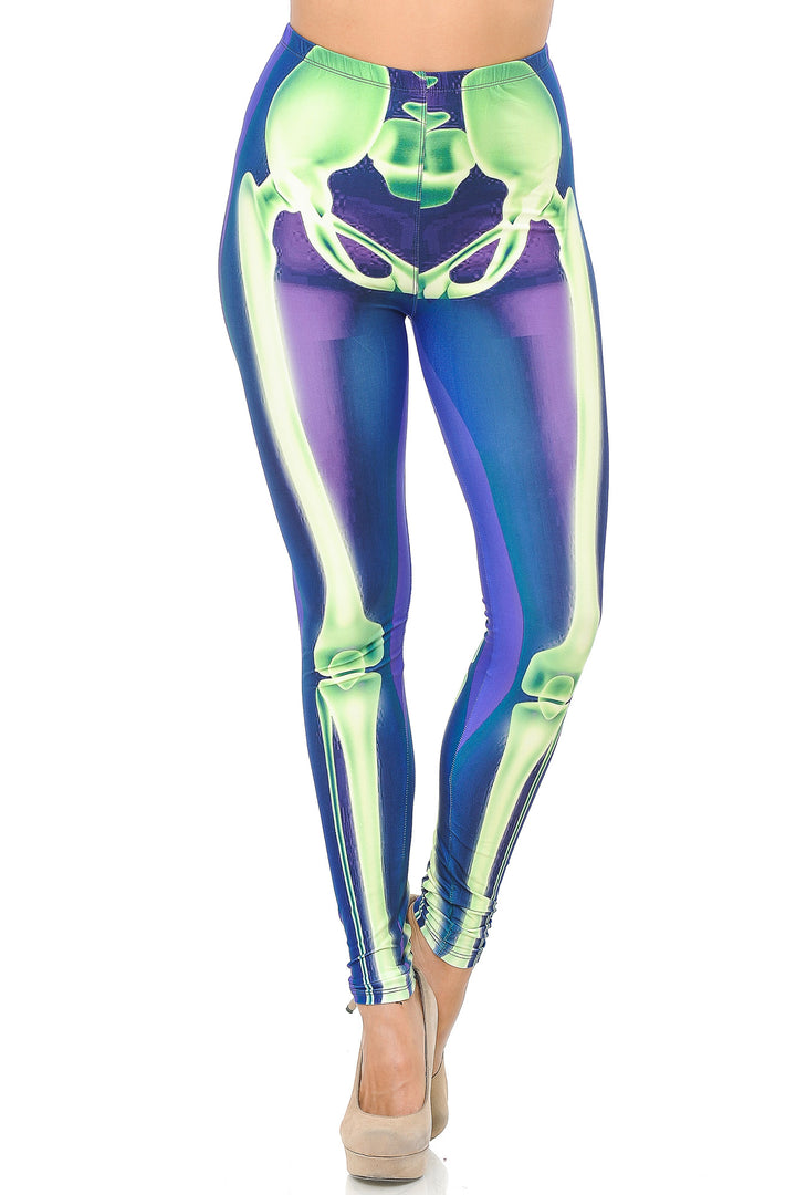 Creamy Soft Premium Women's Leggings Cyan Blue Skeleton Bones Regular Size, High Rise, Stretchy & Comfortable Fit - by USA Fashion