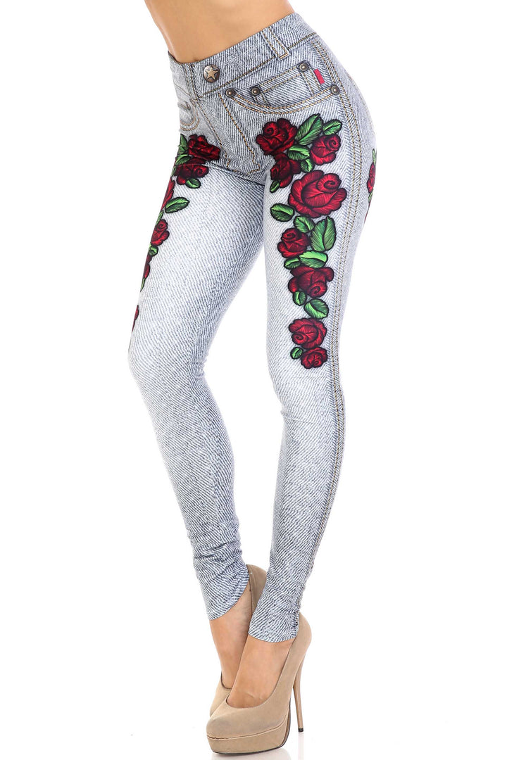 Creamy Soft Premium Women's Leggings Light Blue Denim Rose Regular Size, High Rise, Stretchy & Breathable, Comfortable Fit - by USA Fashion