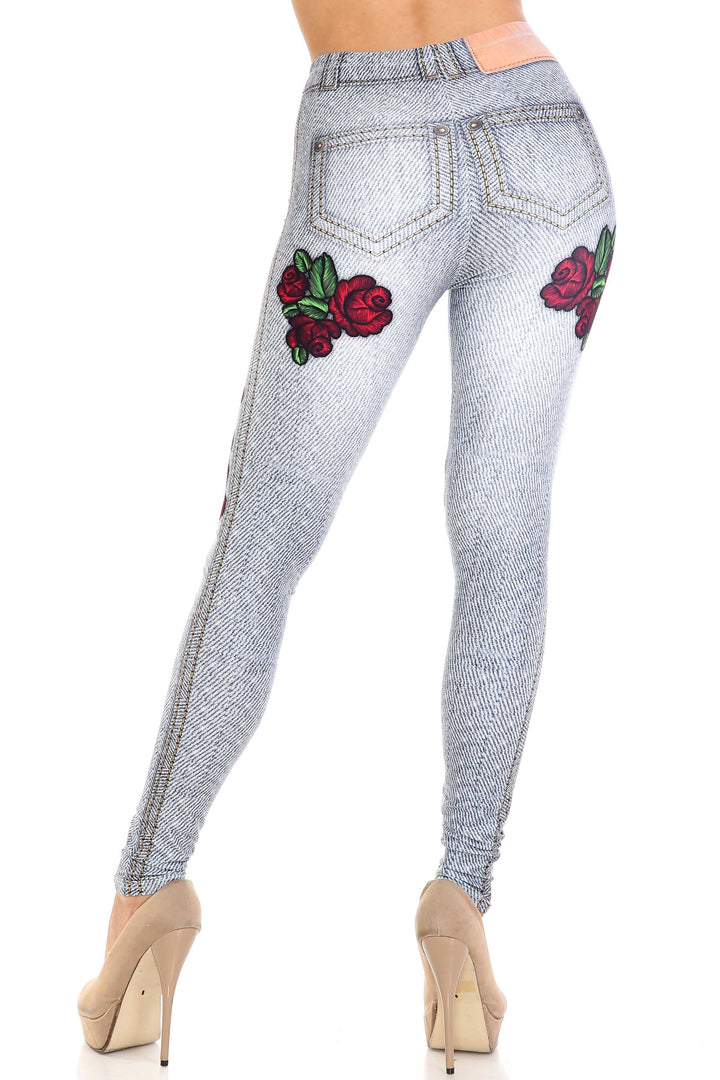 Creamy Soft Premium Women's Leggings Light Blue Denim Rose Regular Size, High Rise, Stretchy & Breathable, Comfortable Fit - by USA Fashion