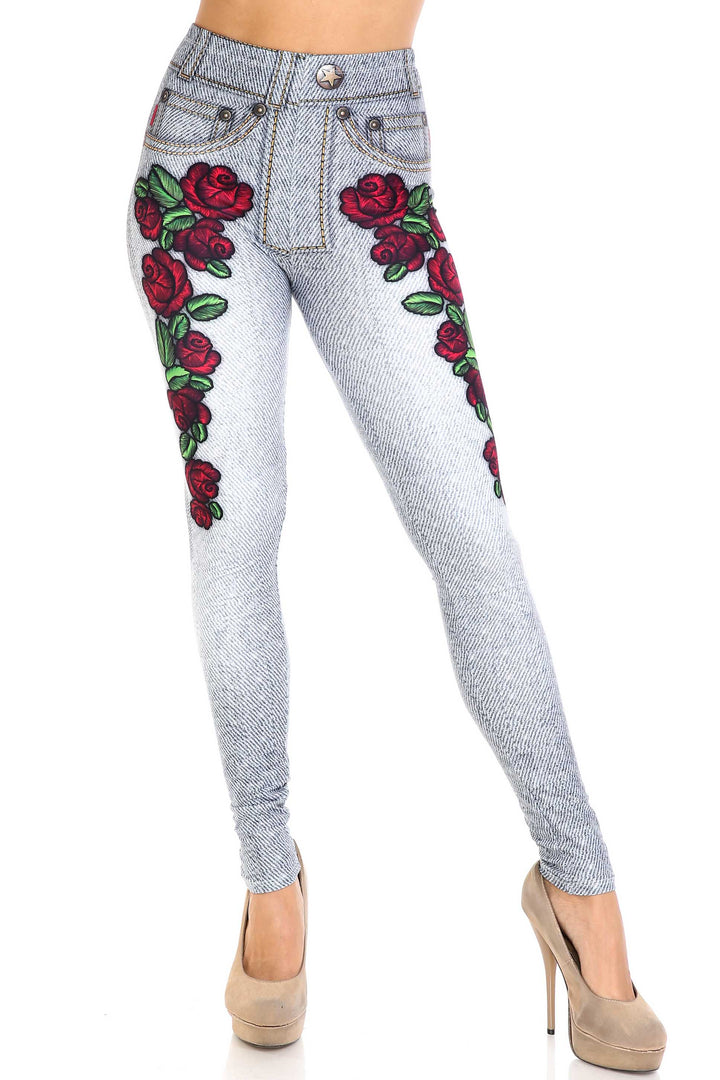 Creamy Soft Premium Women's Leggings Light Blue Denim Rose Regular Size, High Rise, Stretchy & Breathable, Comfortable Fit - by USA Fashion