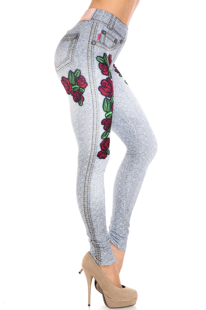 Creamy Soft Premium Women's Leggings Light Blue Denim Rose Regular Size, High Rise, Stretchy & Breathable, Comfortable Fit - by USA Fashion