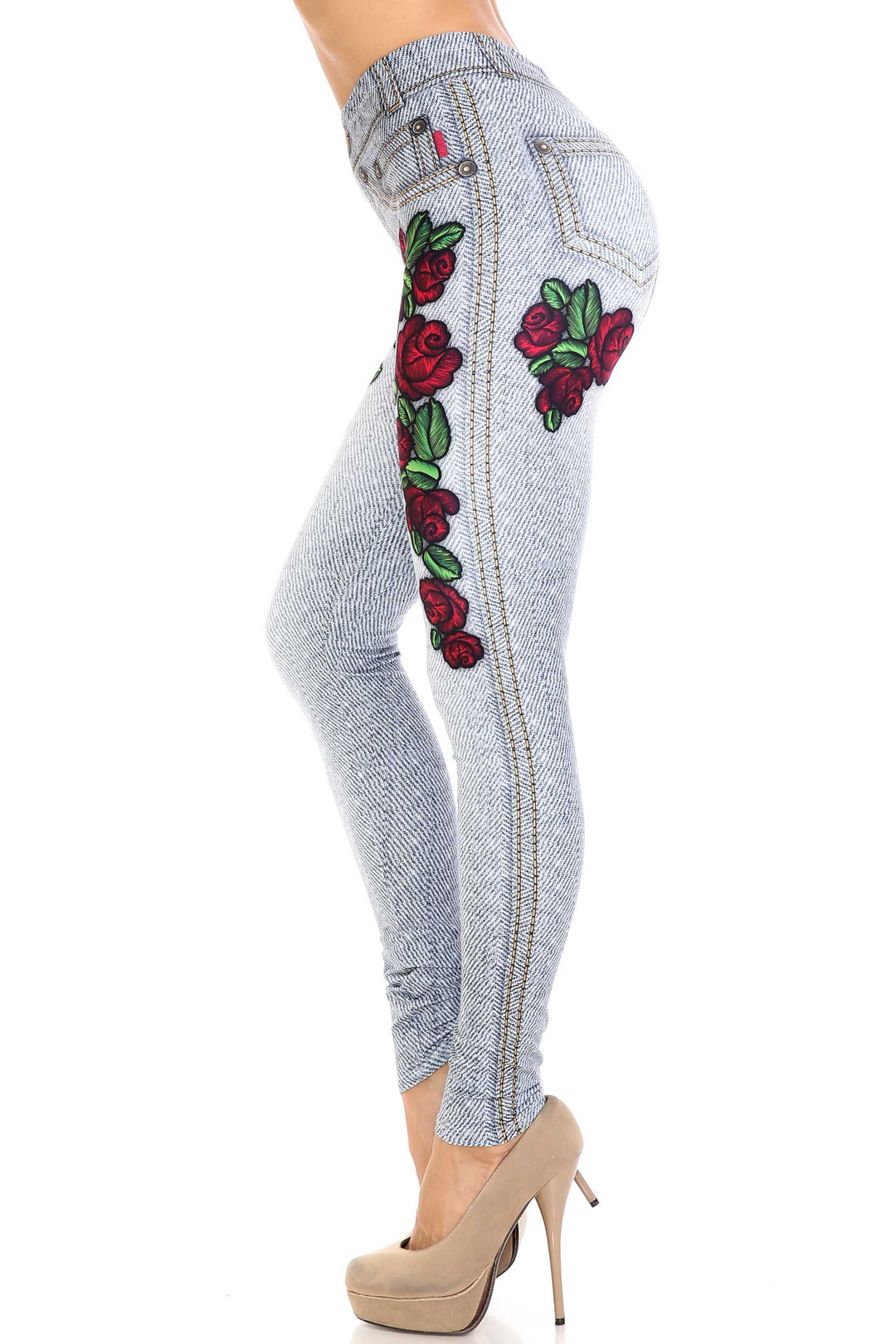 Creamy Soft Premium Women's Leggings Light Blue Denim Rose Regular Size, High Rise, Stretchy & Breathable, Comfortable Fit - by USA Fashion