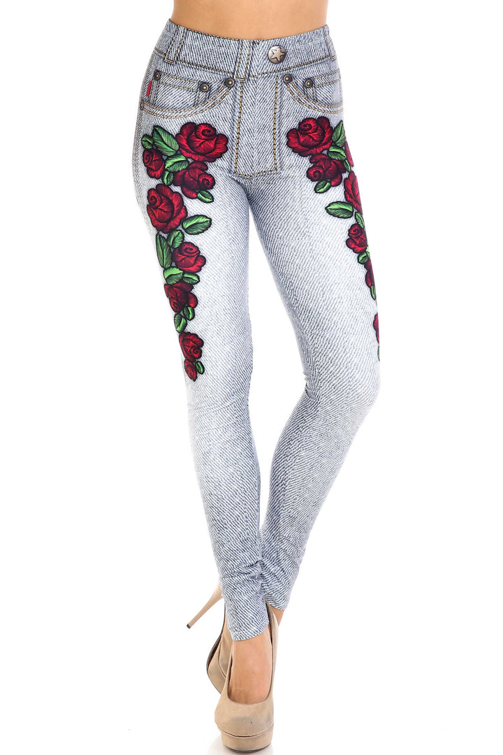 Creamy Soft Premium Women's Leggings Light Blue Denim Rose Regular Size, High Rise, Stretchy & Breathable, Comfortable Fit - by USA Fashion