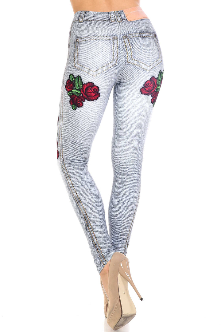 Creamy Soft Premium Women's Leggings Light Blue Denim Rose Regular Size, High Rise, Stretchy & Breathable, Comfortable Fit - by USA Fashion