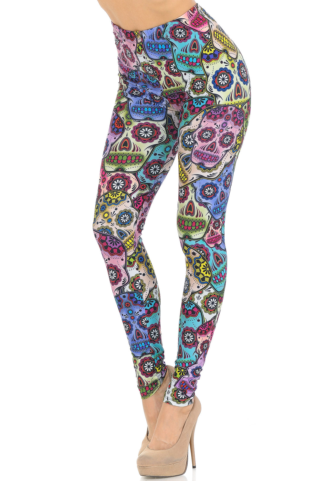 Creamy Soft Premium Women's Leggings Sugar Skull Regular Size, High Rise, Stretchy & Comfortable Fit - by USA Fashion