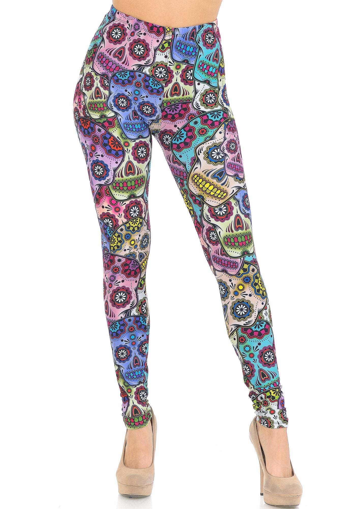 Creamy Soft Premium Women's Leggings Sugar Skull Regular Size, High Rise, Stretchy & Comfortable Fit - by USA Fashion