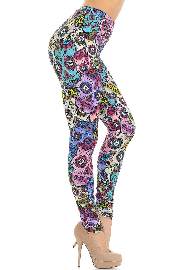 Creamy Soft Premium Women's Leggings Sugar Skull Regular Size, High Rise, Stretchy & Comfortable Fit - by USA Fashion