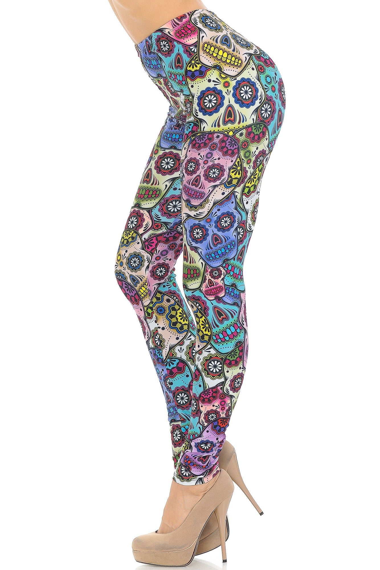 Creamy Soft Premium Women's Leggings Sugar Skull Regular Size, High Rise, Stretchy & Comfortable Fit - by USA Fashion