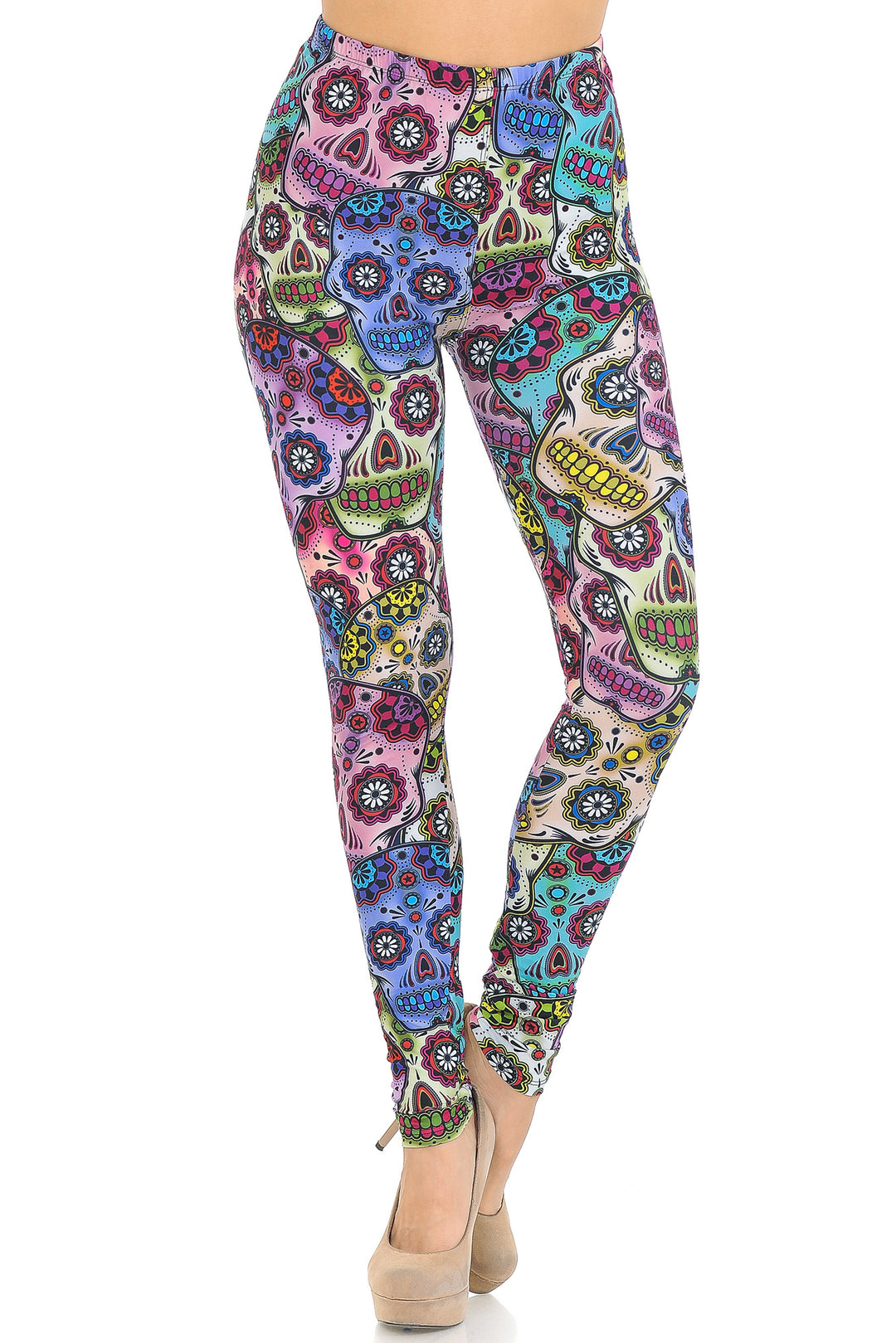Creamy Soft Premium Women's Leggings Sugar Skull Regular Size, High Rise, Stretchy & Comfortable Fit - by USA Fashion