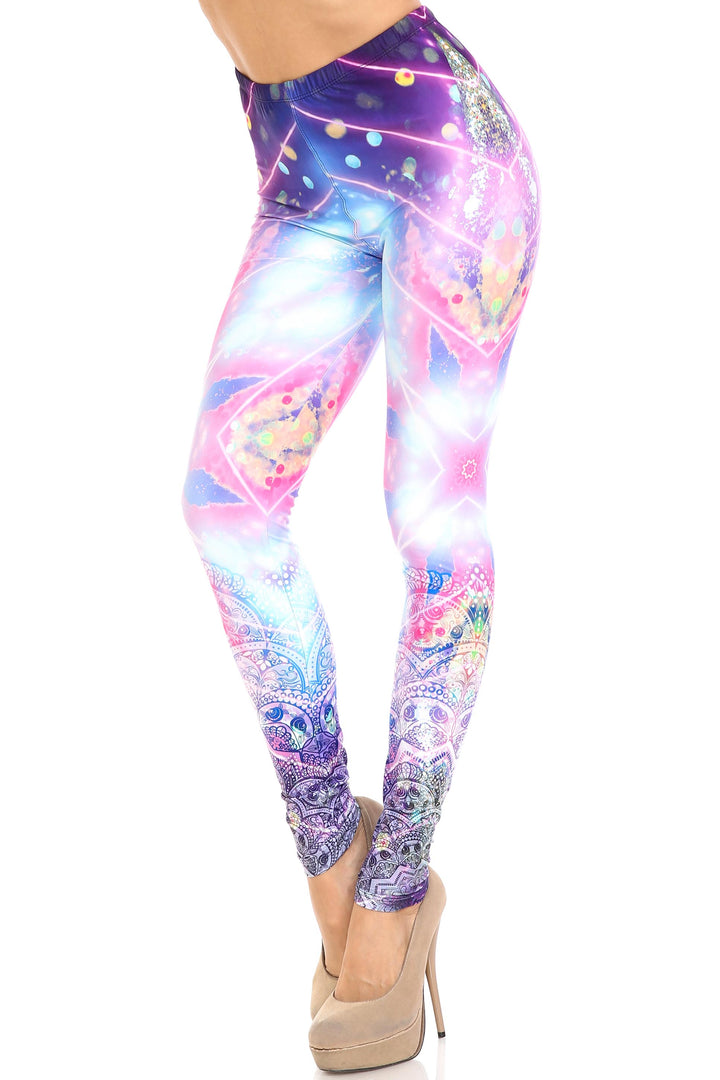 Creamy Soft Premium Women's Leggings Purple Mandala Lights Regular Size, High Rise, Stretchy & Comfortable Fit - by USA Fashion