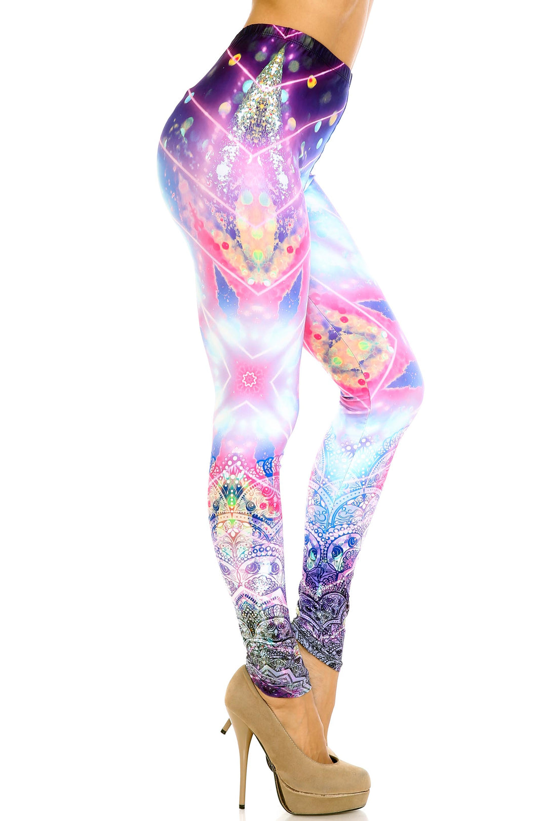 Creamy Soft Premium Women's Leggings Purple Mandala Lights Regular Size, High Rise, Stretchy & Comfortable Fit - by USA Fashion