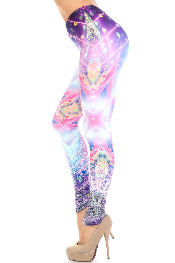 Creamy Soft Premium Women's Leggings Purple Mandala Lights Regular Size, High Rise, Stretchy & Comfortable Fit - by USA Fashion