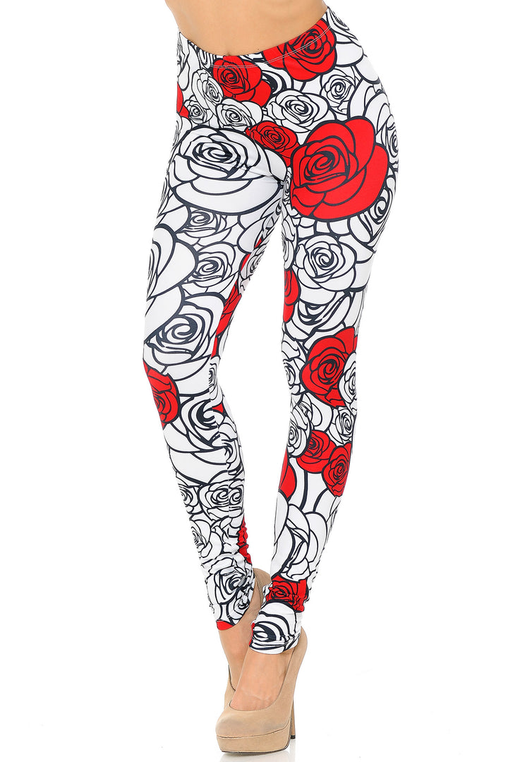 Creamy Soft Premium Women's Leggings Red Stencil Roses Regular Size, High Rise, Stretchy & Comfortable Fit - by USA Fashion