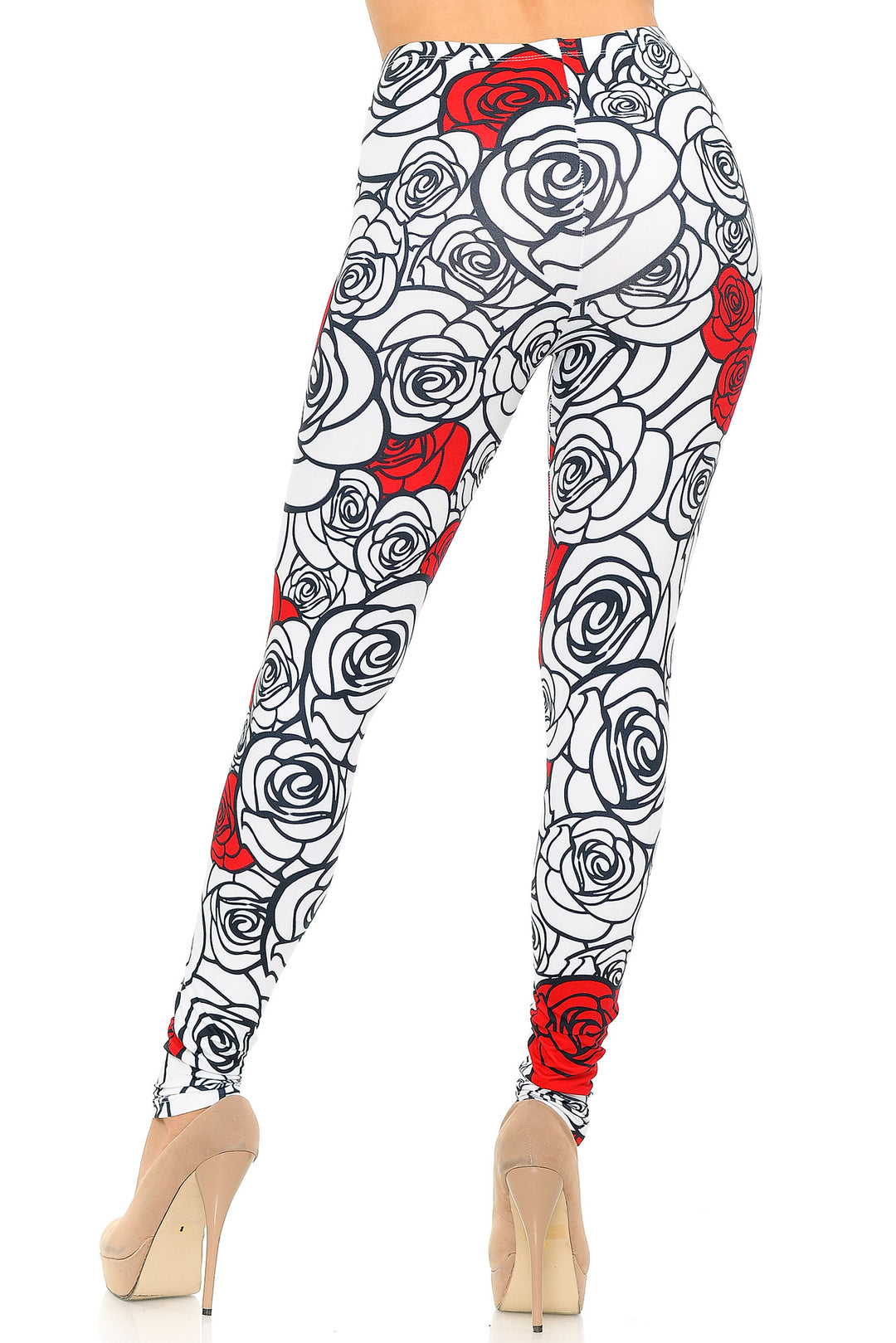 Creamy Soft Premium Women's Leggings Red Stencil Roses Regular Size, High Rise, Stretchy & Comfortable Fit - by USA Fashion