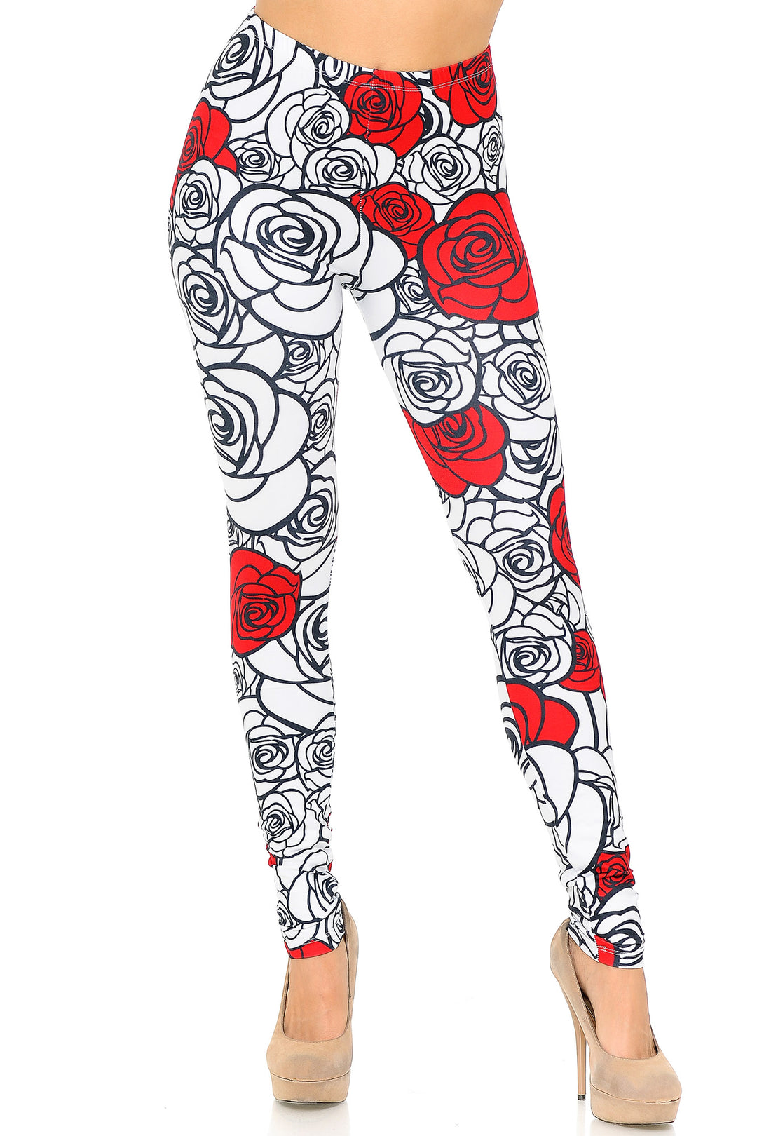 Creamy Soft Premium Women's Leggings Red Stencil Roses Regular Size, High Rise, Stretchy & Comfortable Fit - by USA Fashion