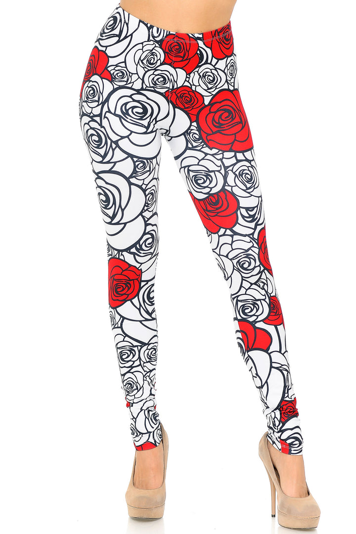 Creamy Soft Premium Women's Leggings Red Stencil Roses Regular Size, High Rise, Stretchy & Comfortable Fit - by USA Fashion