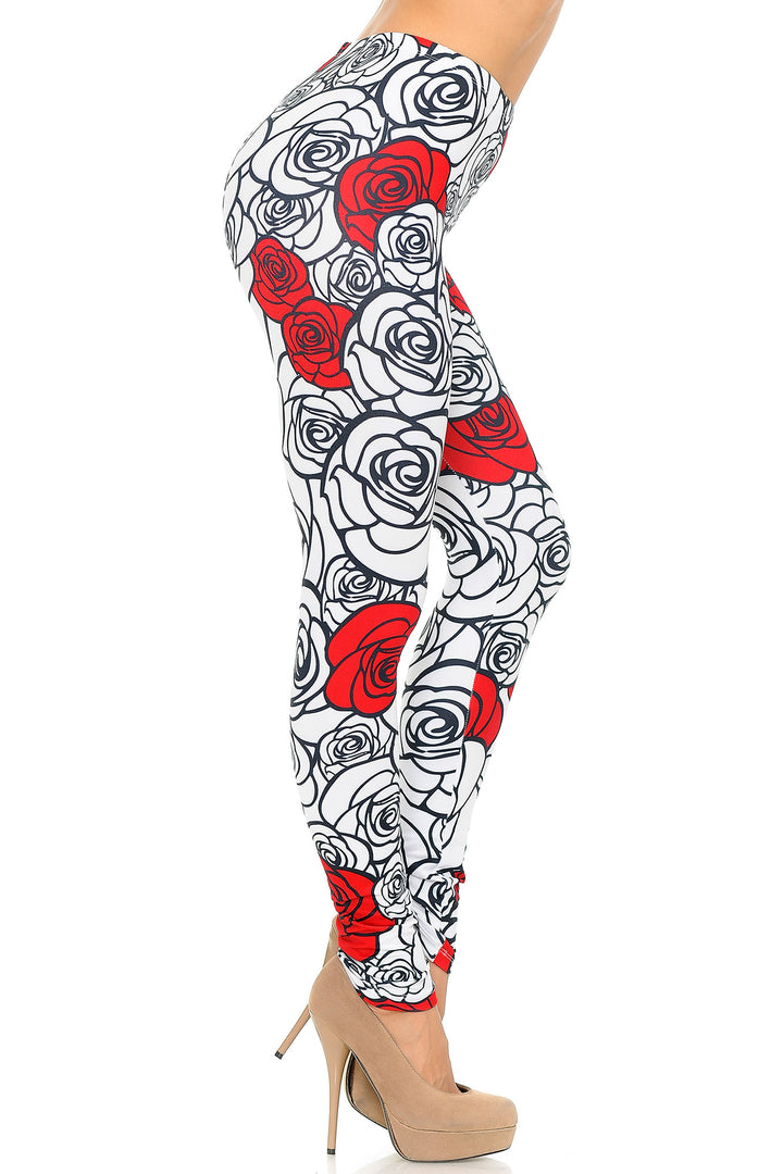 Creamy Soft Premium Women's Leggings Red Stencil Roses Regular Size, High Rise, Stretchy & Comfortable Fit - by USA Fashion