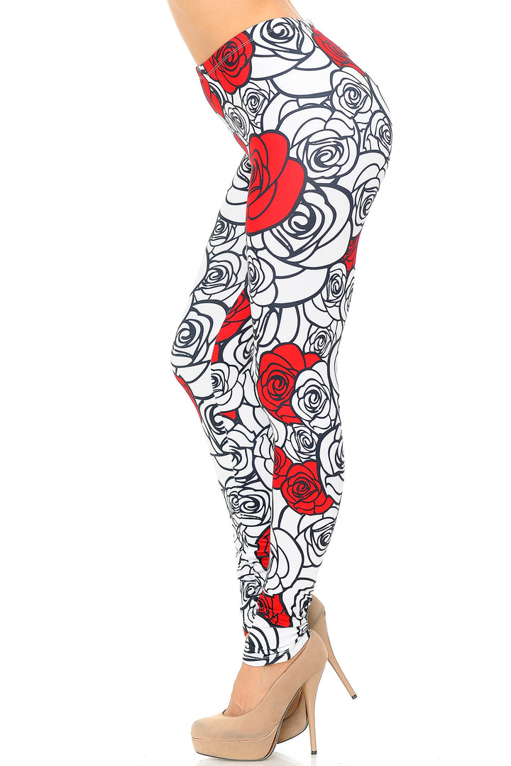 Creamy Soft Premium Women's Leggings Red Stencil Roses Regular Size, High Rise, Stretchy & Comfortable Fit - by USA Fashion