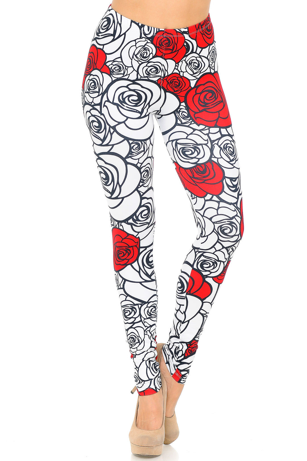 Creamy Soft Premium Women's Leggings Red Stencil Roses Regular Size, High Rise, Stretchy & Comfortable Fit - by USA Fashion