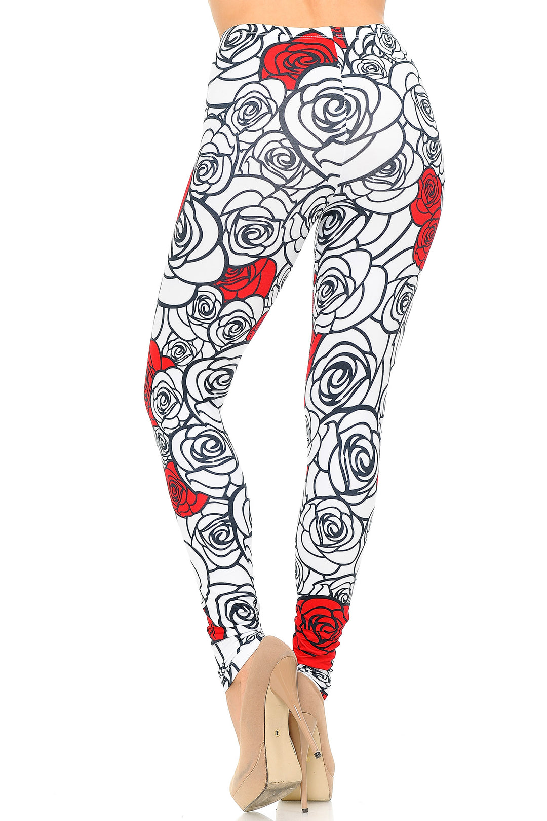 Creamy Soft Premium Women's Leggings Red Stencil Roses Regular Size, High Rise, Stretchy & Comfortable Fit - by USA Fashion