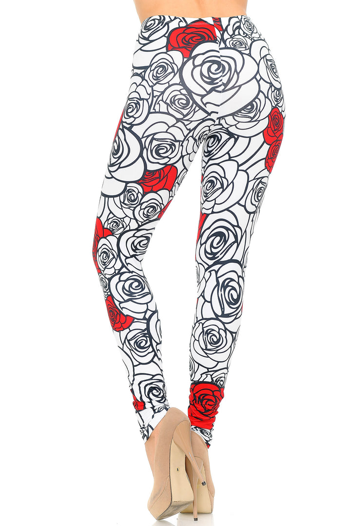 Creamy Soft Premium Women's Leggings Red Stencil Roses Regular Size, High Rise, Stretchy & Comfortable Fit - by USA Fashion