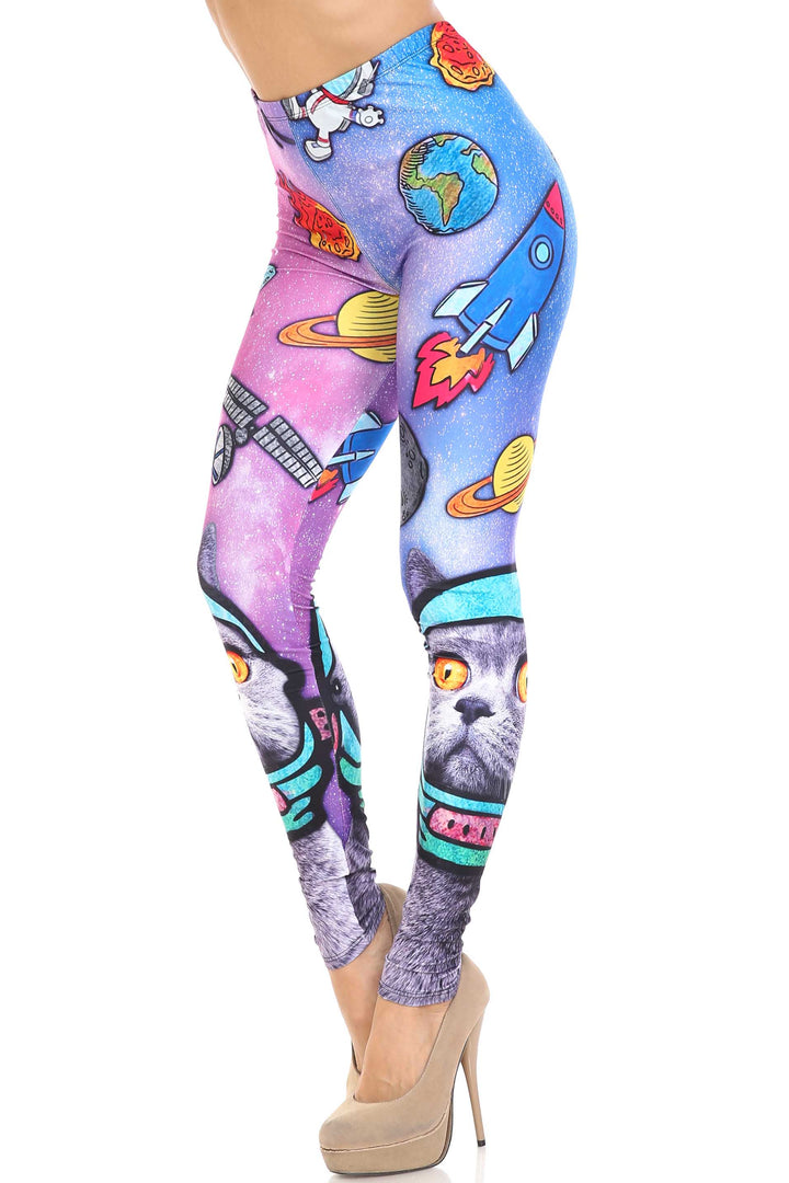 Creamy Soft Premium Women's Leggings Space Cat Regular Size, High Rise, Stretchy & Comfortable Fit - by USA Fashion