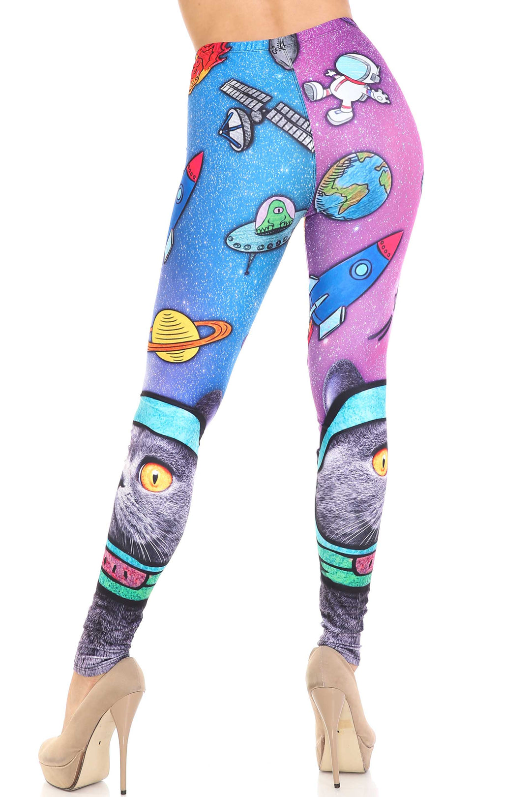 Creamy Soft Premium Women's Leggings Space Cat Regular Size, High Rise, Stretchy & Comfortable Fit - by USA Fashion