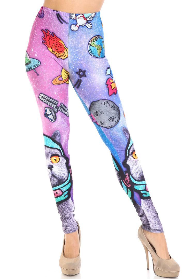 Creamy Soft Premium Women's Leggings Space Cat Regular Size, High Rise, Stretchy & Comfortable Fit - by USA Fashion