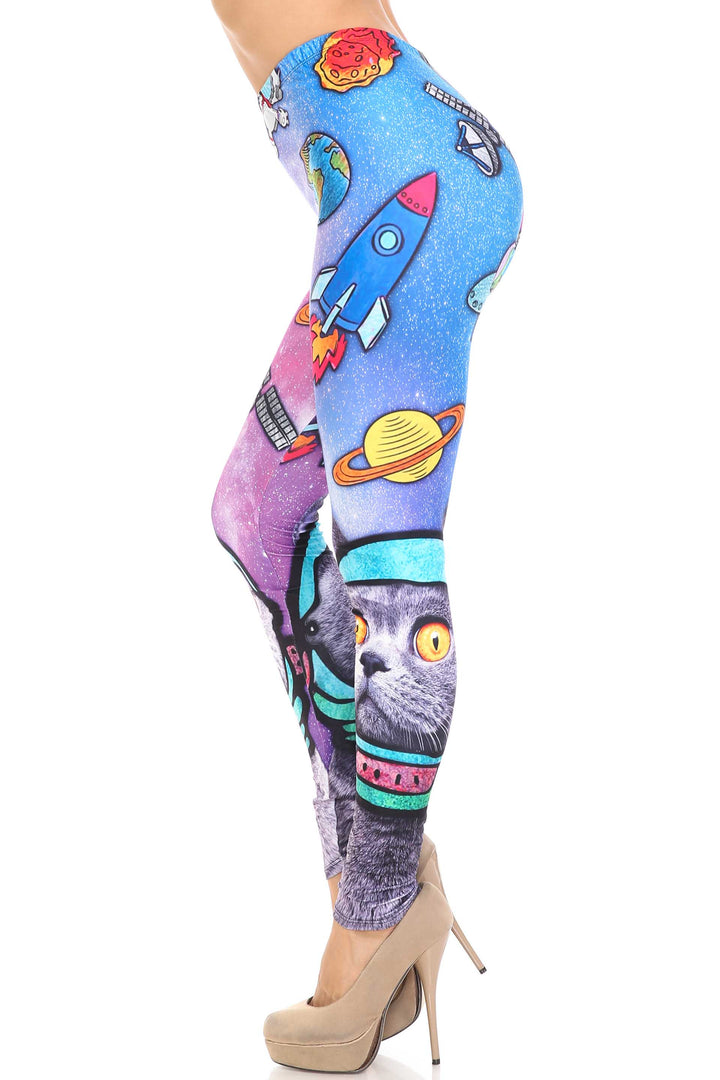 Creamy Soft Premium Women's Leggings Space Cat Regular Size, High Rise, Stretchy & Comfortable Fit - by USA Fashion