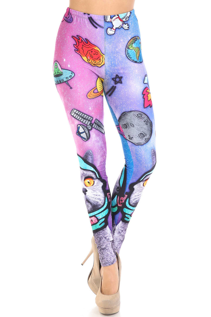 Creamy Soft Premium Women's Leggings Space Cat Regular Size, High Rise, Stretchy & Comfortable Fit - by USA Fashion