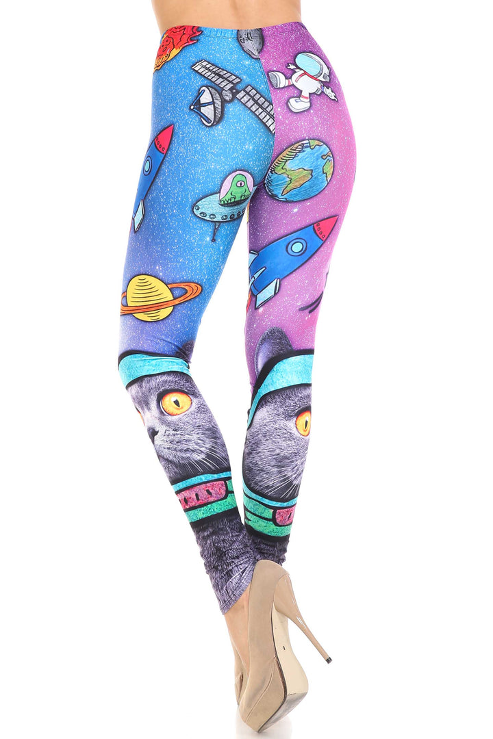 Creamy Soft Premium Women's Leggings Space Cat Regular Size, High Rise, Stretchy & Comfortable Fit - by USA Fashion
