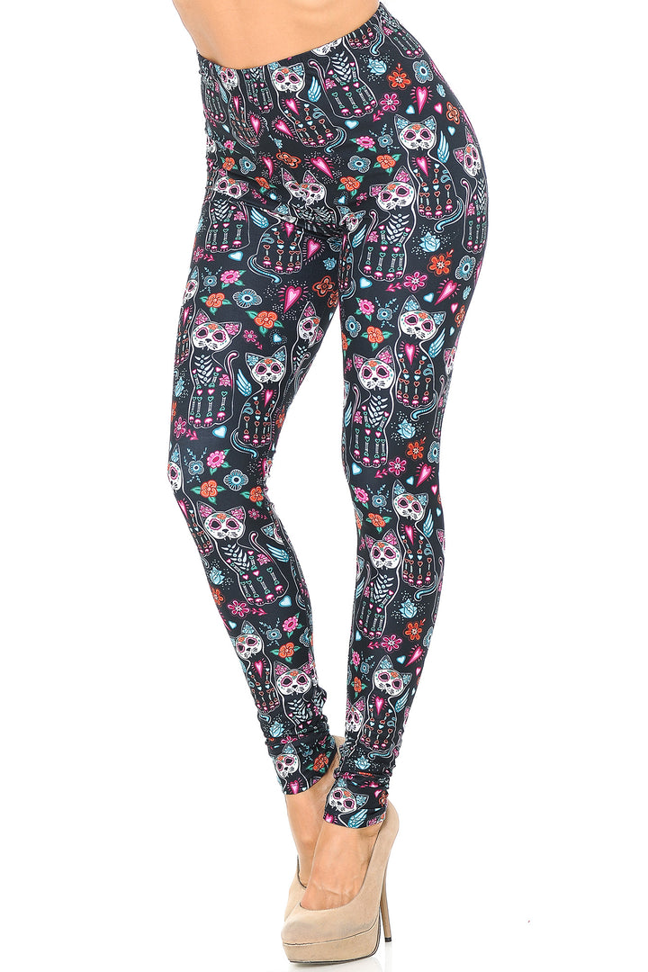 Creamy Soft Premium Women's Leggings Sugar Skull Kitty Cats Regular Size, High Rise, Stretchy & Comfortable Fit - by USA Fashion
